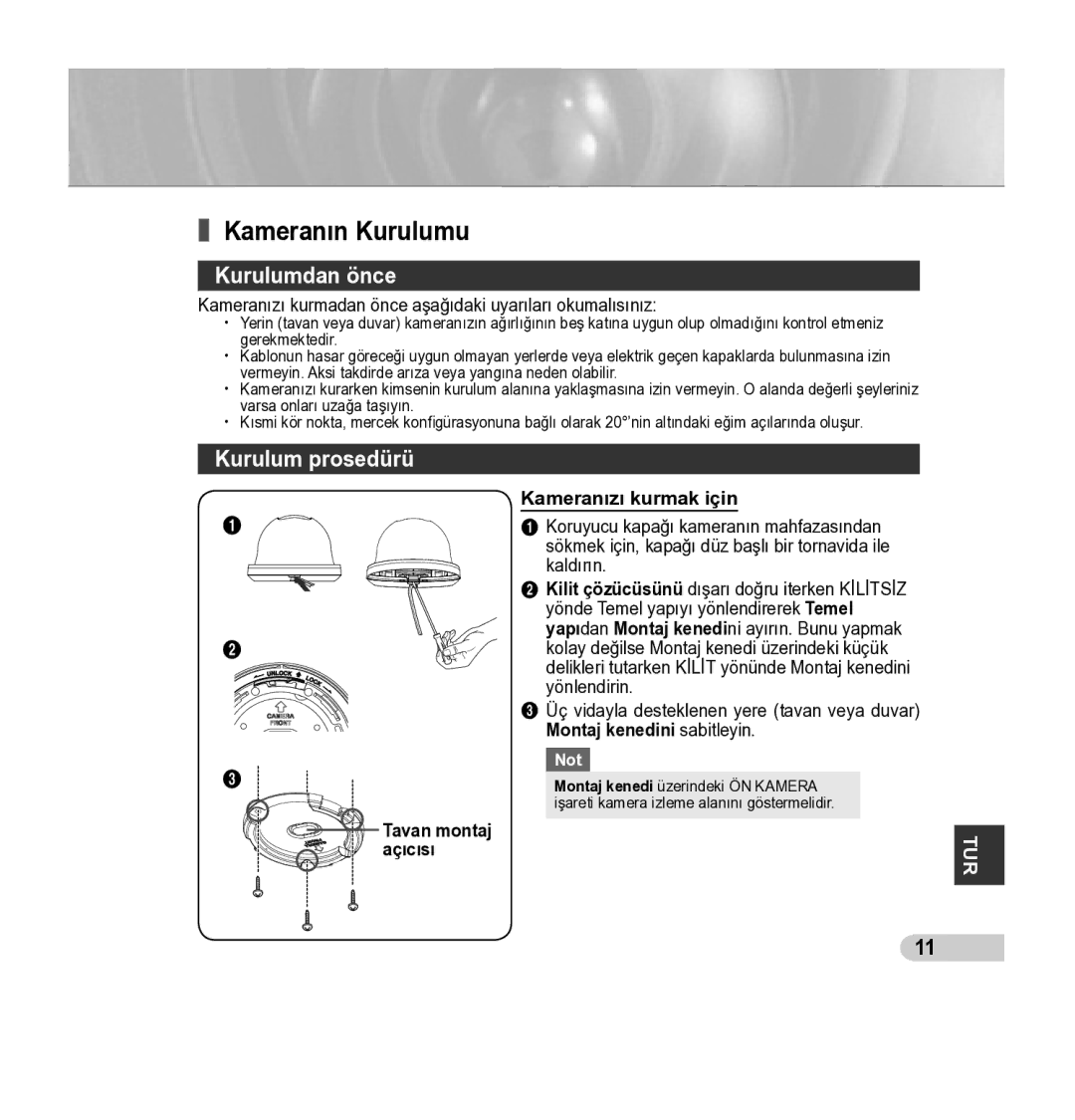 Samsung SCC-B5343P, SCC-B5342P manual Kameranın Kurulumu, Kurulumdan önce, Kurulum prosedürü, Kameranızı kurmak için 