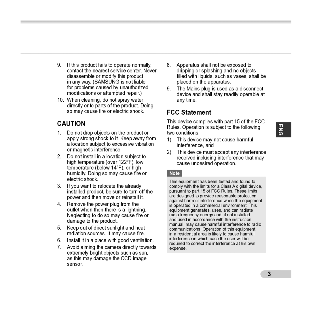 Samsung SCC-B5343P, SCC-B5342P manual FCC Statement 