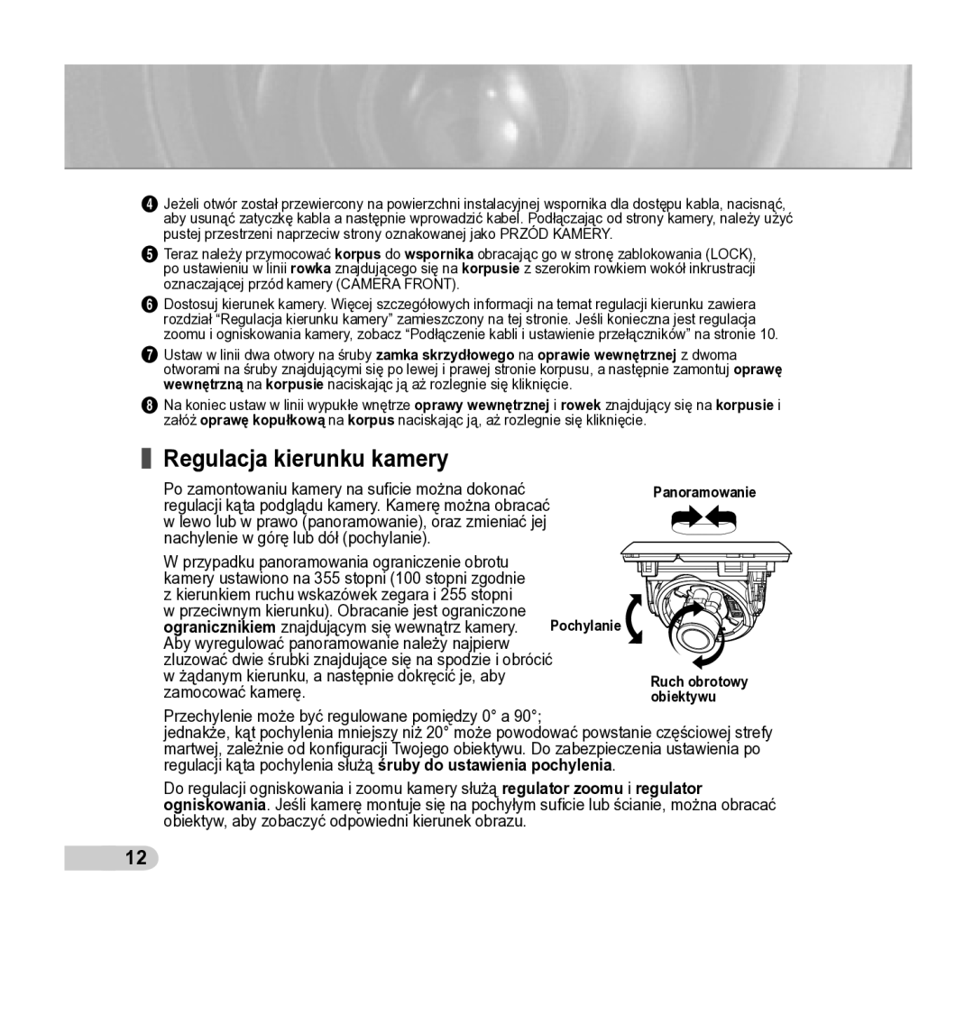 Samsung SCC-B5342P, SCC-B5343P manual Regulacja kierunku kamery, Pochylanie, Ruch obrotowy, Obiektywu 