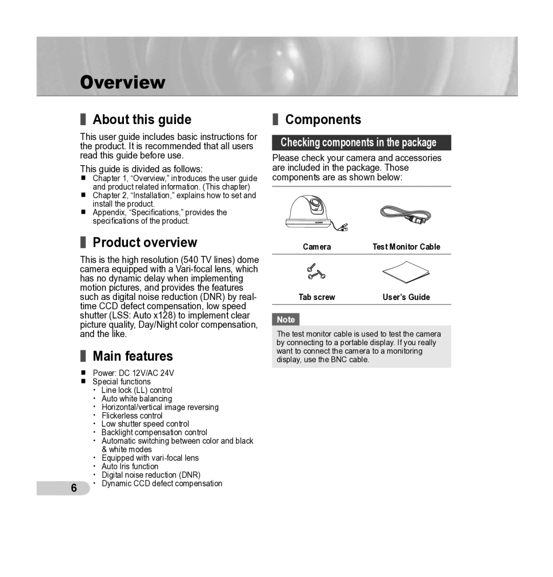 Samsung SCC-B5342P, SCC-B5343P manual Overview, About this guide, Product overview, Main features, Components 