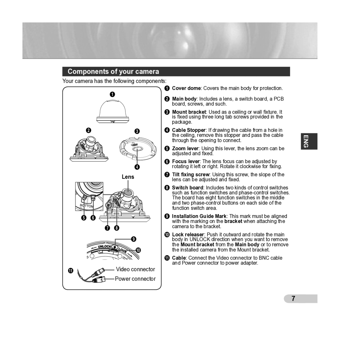 Samsung SCC-B5343P, SCC-B5342P manual Components of your camera, Your camera has the following components 