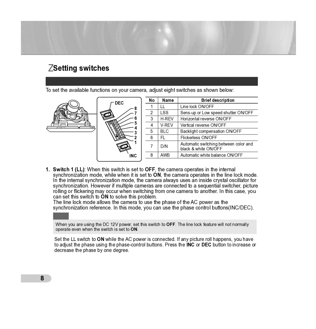 Samsung SCC-B5342P, SCC-B5343P manual Installation, Setting switches, Setting function switches, Name Brief description 