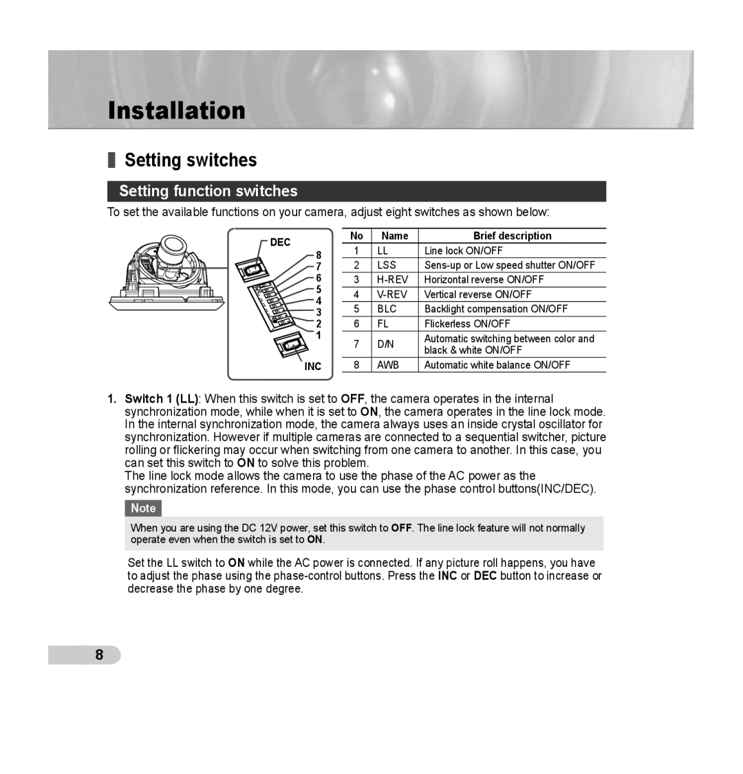 Samsung SCC-B5344, SCC-B5345 operating instructions Installation, Setting switches, Setting function switches 