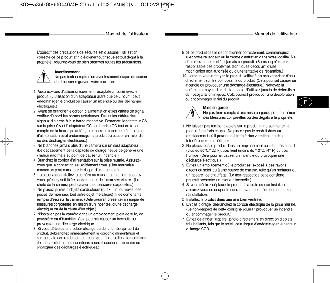 Samsung SCC-B5351 manual Manuel de l’utilisateur, Avertissement, Mise en garde 