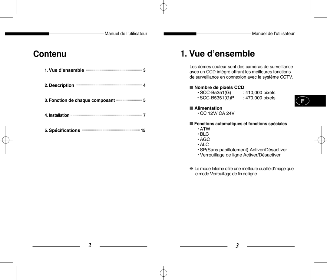 Samsung SCC-B5351 manual Contenu, Vue d’ensemble, Nombre de pixels CCD, Alimentation 