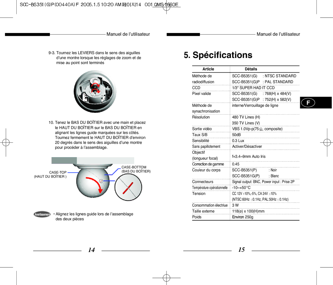 Samsung SCC-B5351 manual Spécifications, Article Détails, Ntsc Standard, PAL Standard CCD Super had IT CCD 