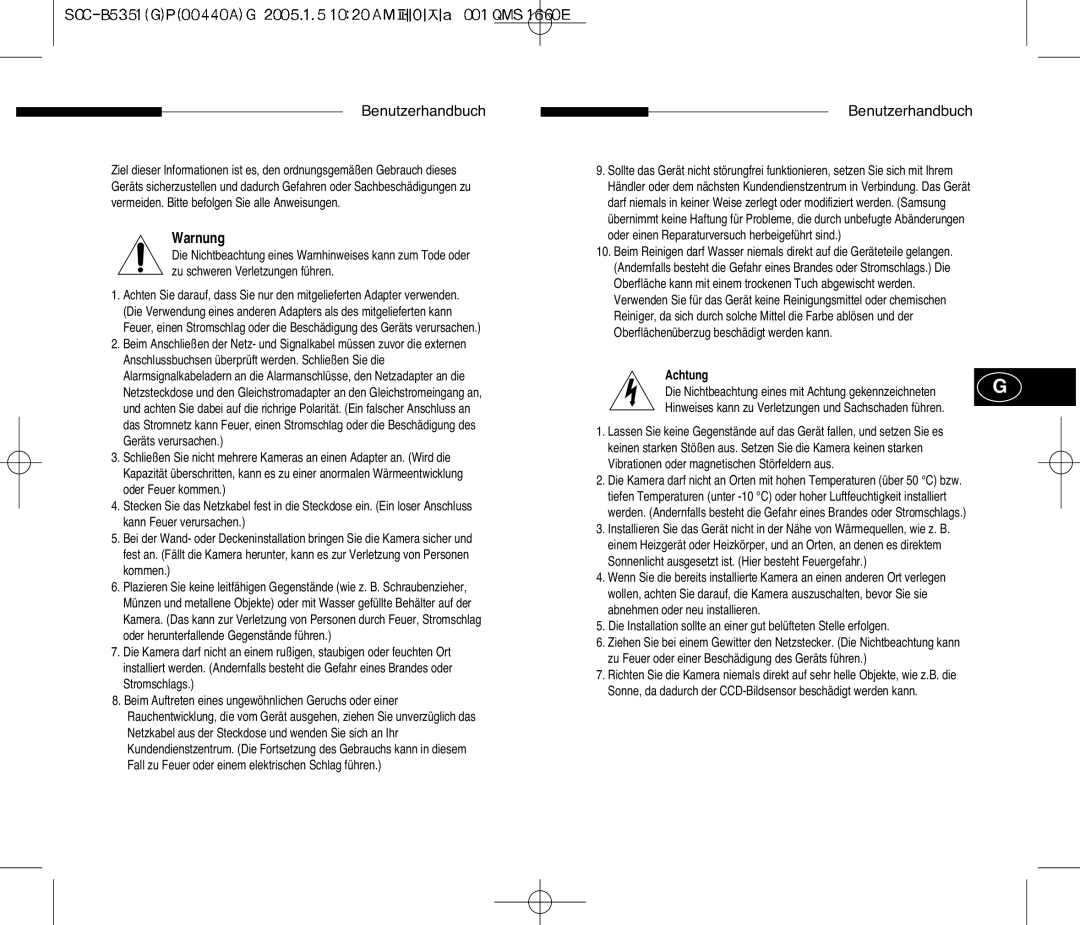 Samsung SCC-B5351 manual Warnung, Achtung 