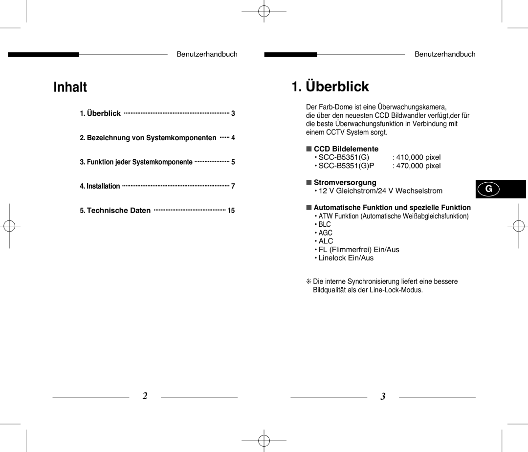 Samsung SCC-B5351 manual Inhalt, Überblick, CCD Bildelemente, Stromversorgung, Automatische Funktion und spezielle Funktion 