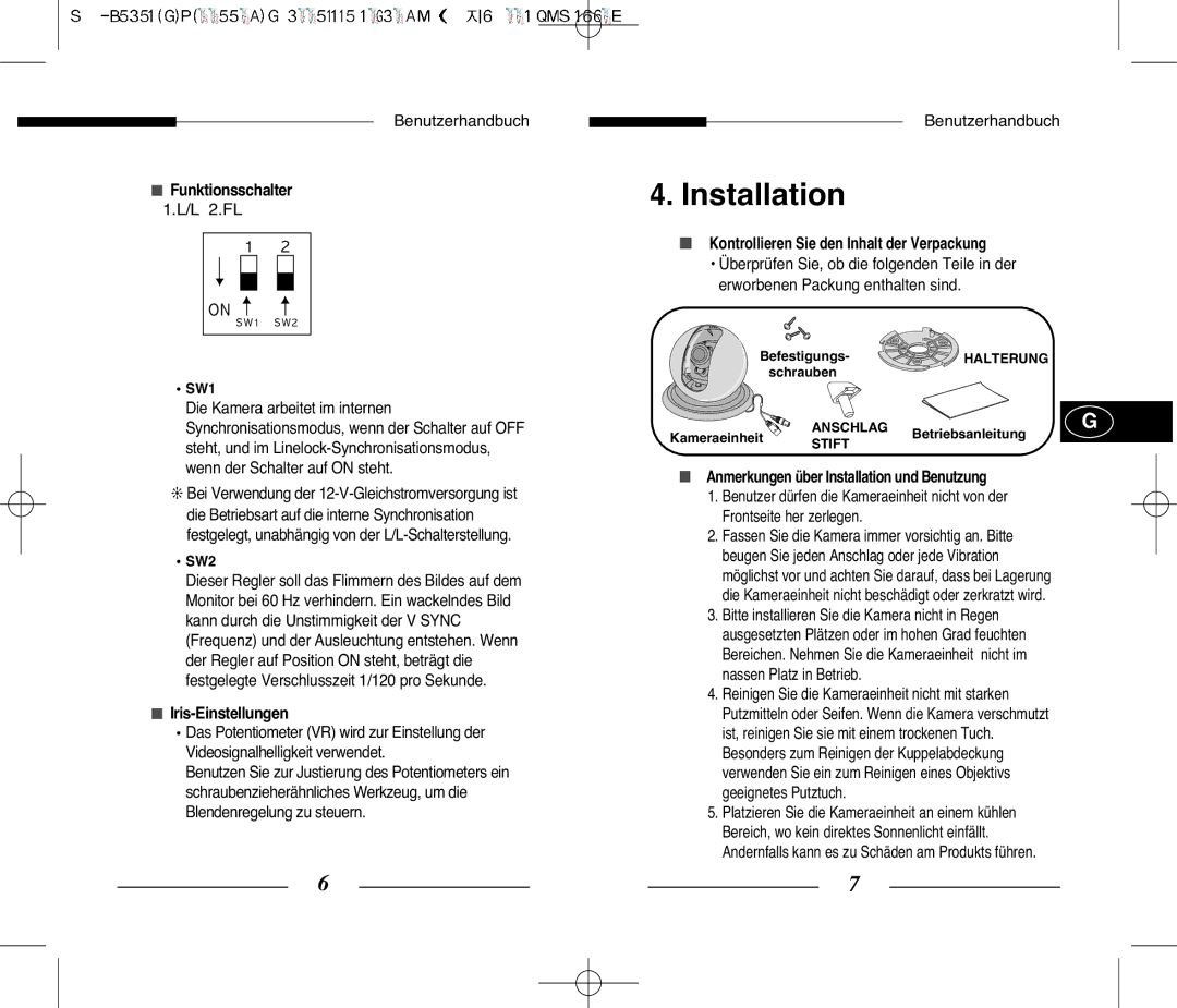 Samsung SCC-B5351 manual Funktionsschalter, L 2.FL, Iris-Einstellungen, Kontrollieren Sie den Inhalt der Verpackung 