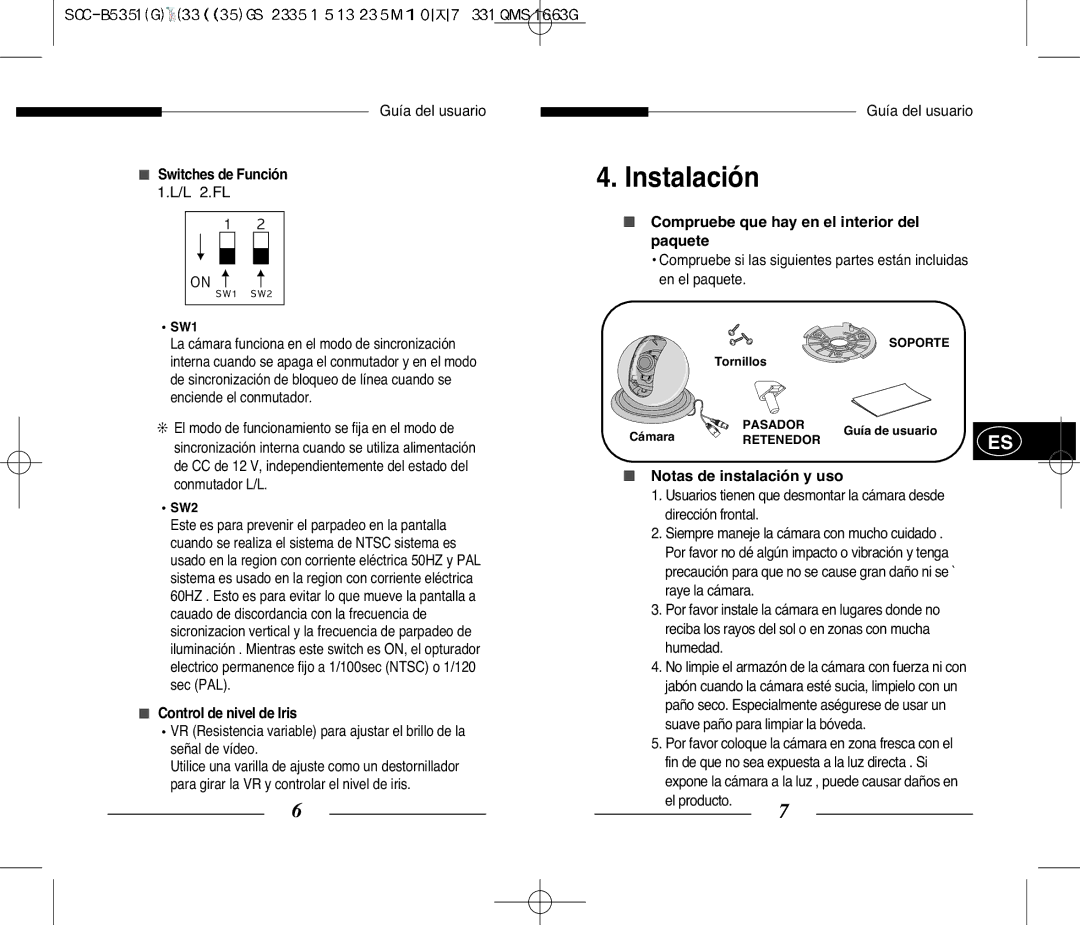 Samsung SCC-B5351 Instalación, Switches de Función, Control de nivel de Iris, Compruebe que hay en el interior del paquete 