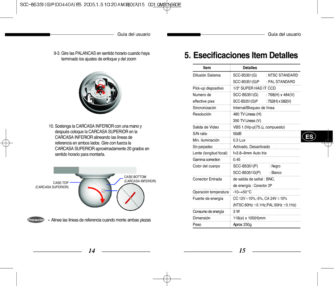 Samsung SCC-B5351 manual Esecificaciones Item Detalles, PAL Standard 