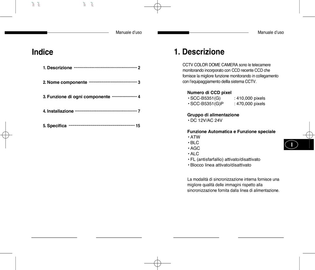 Samsung SCC-B5351 manual Indice, Descrizione, Numero di CCD pixel, Gruppo di alimentazione 