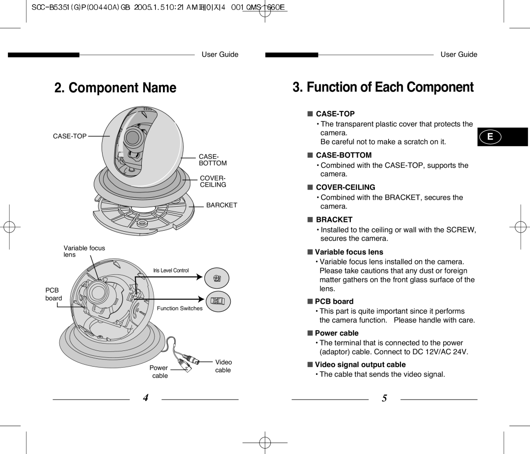 Samsung SCC-B5351 manual Component Name, Function of Each Component 