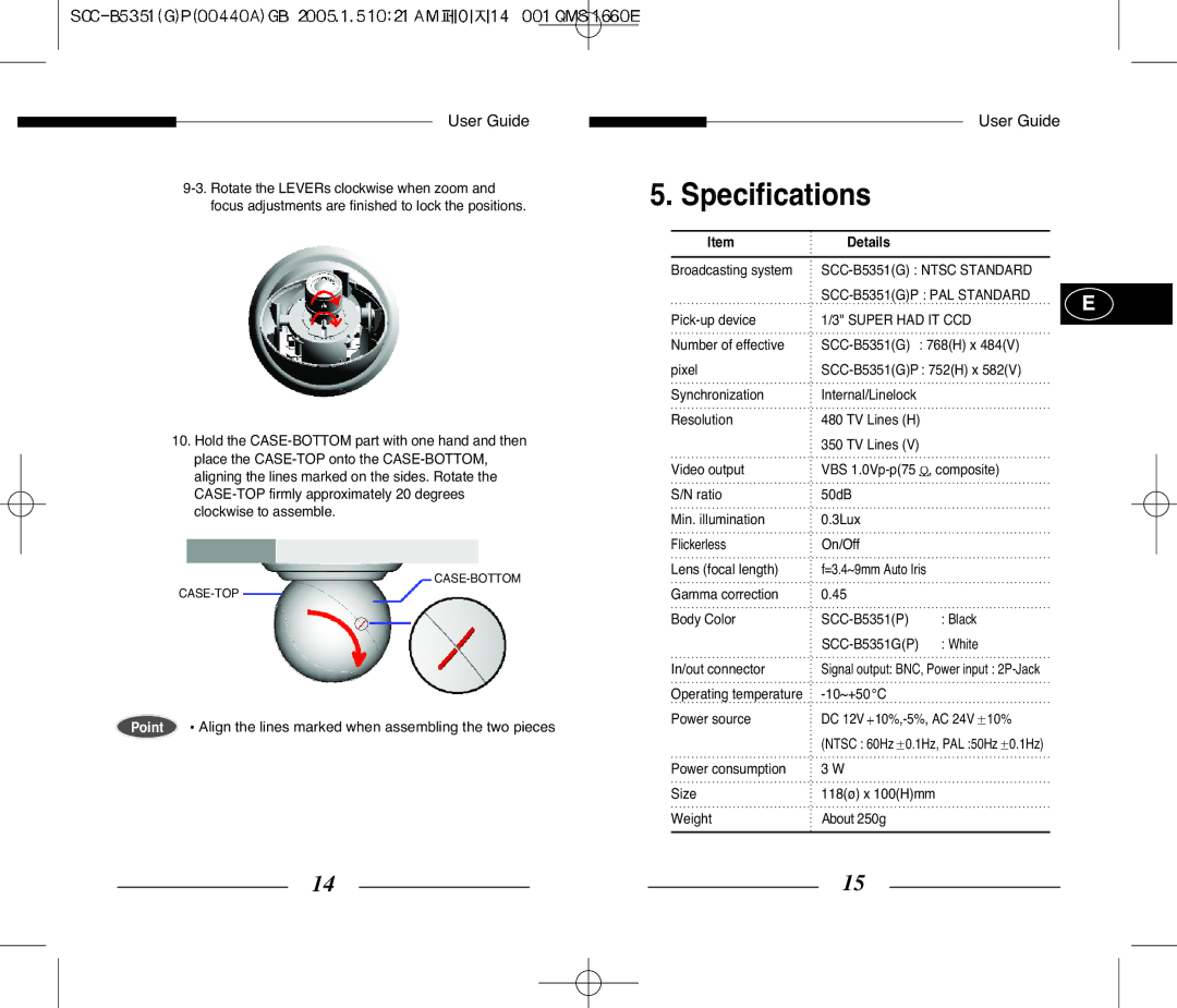 Samsung manual Specifications, Details, SCC-B5351G Ntsc Standard SCC-B5351GP PAL Standard, Super had IT CCD 