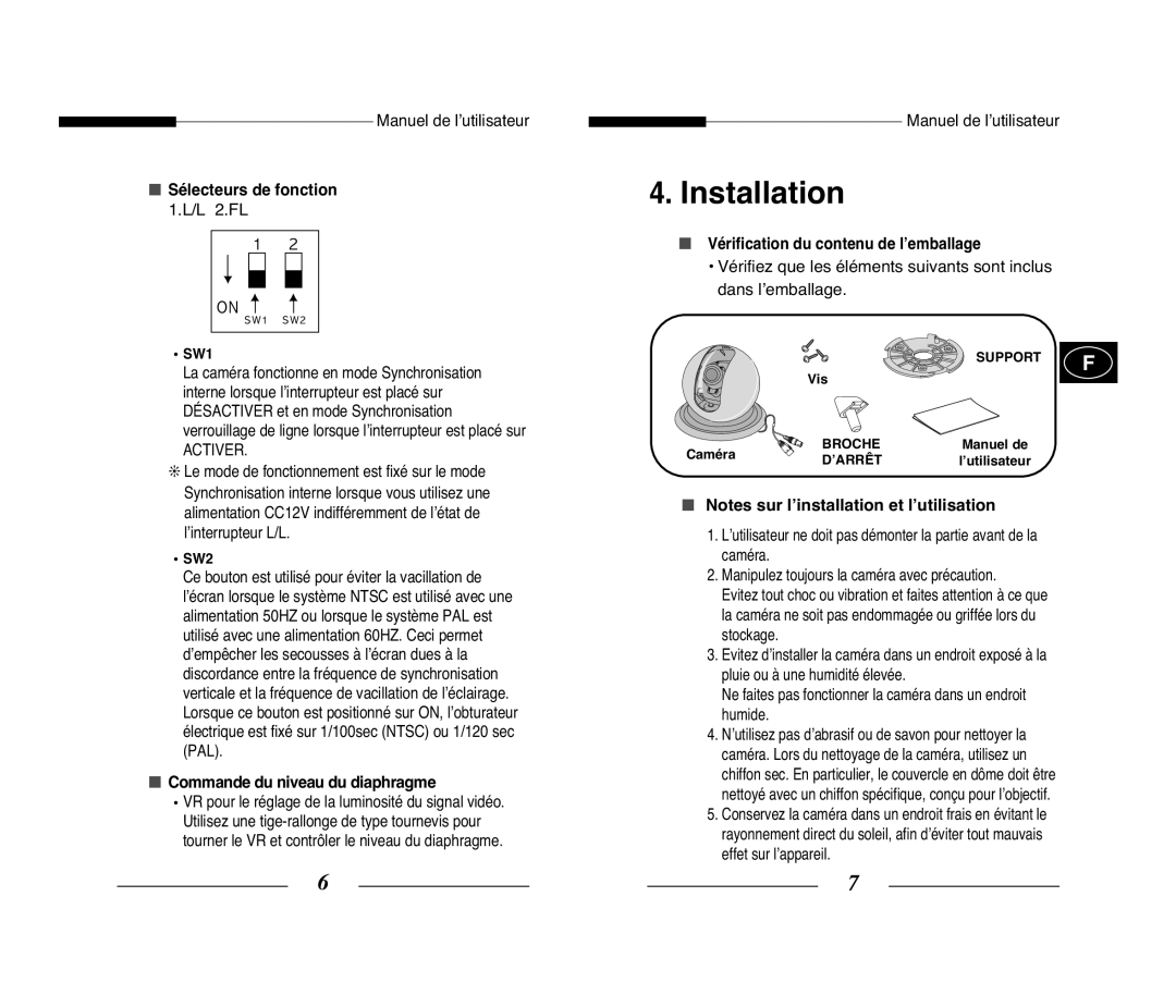 Samsung SCC-B5351P, SCC-B5351GP Sélecteurs de fonction 1.L/L 2.FL, Commande du niveau du diaphragme, Vis Caméra, Manuel de 