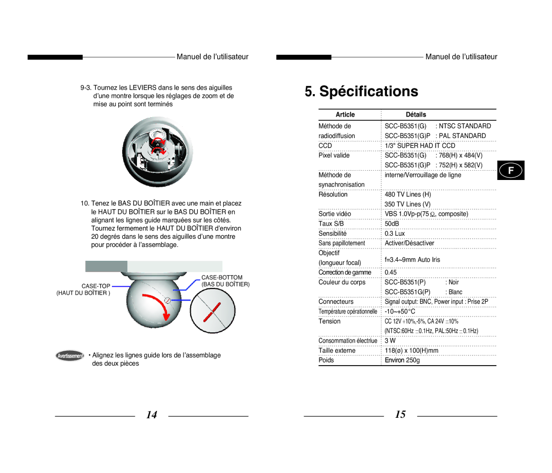 Samsung SCC-B5351P, SCC-B5351GP manual Spécifications, Article Détails, Ntsc Standard, PAL Standard CCD Super had IT CCD 