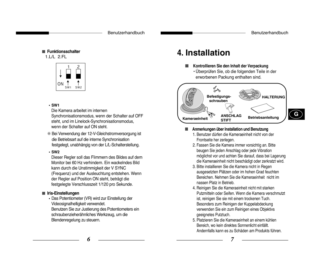 Samsung SCC-B5351P, SCC-B5351GP Funktionsschalter, L 2.FL, Iris-Einstellungen, Kontrollieren Sie den Inhalt der Verpackung 