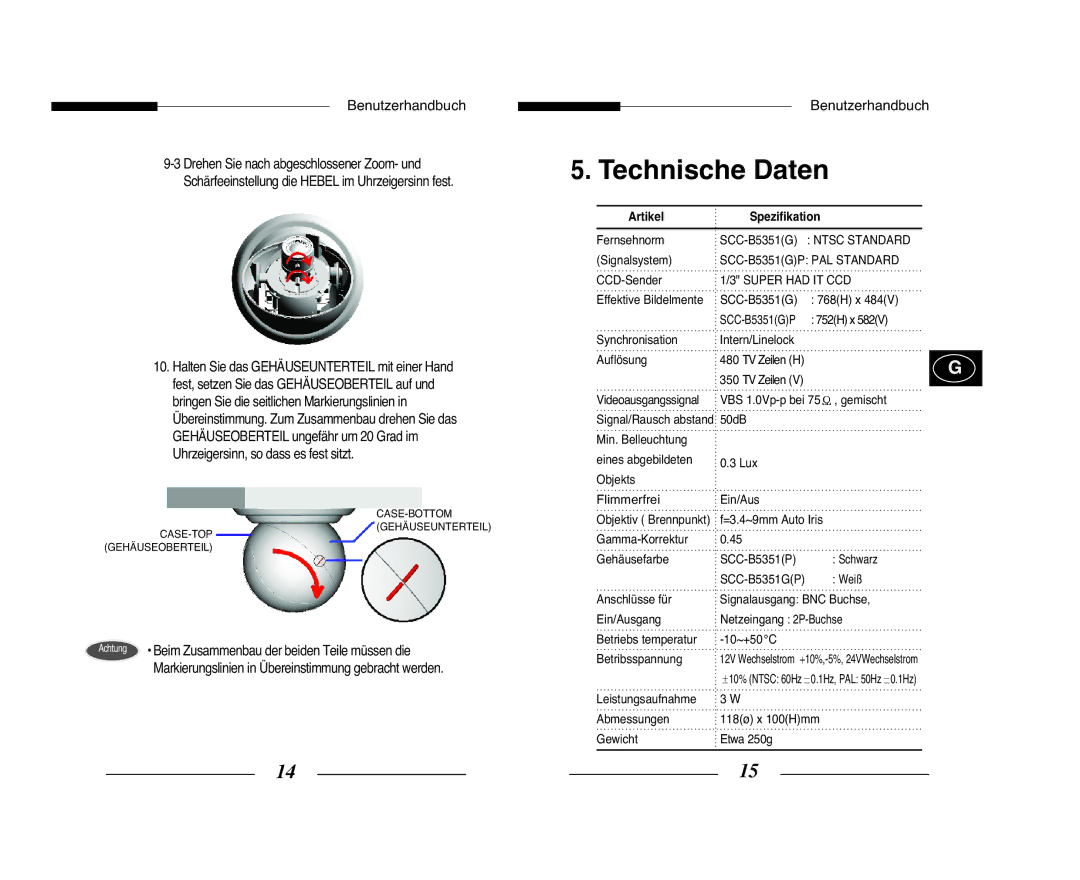 Samsung SCC-B5351P, SCC-B5351GP manual Technische Daten, Artikel Spezifikation 