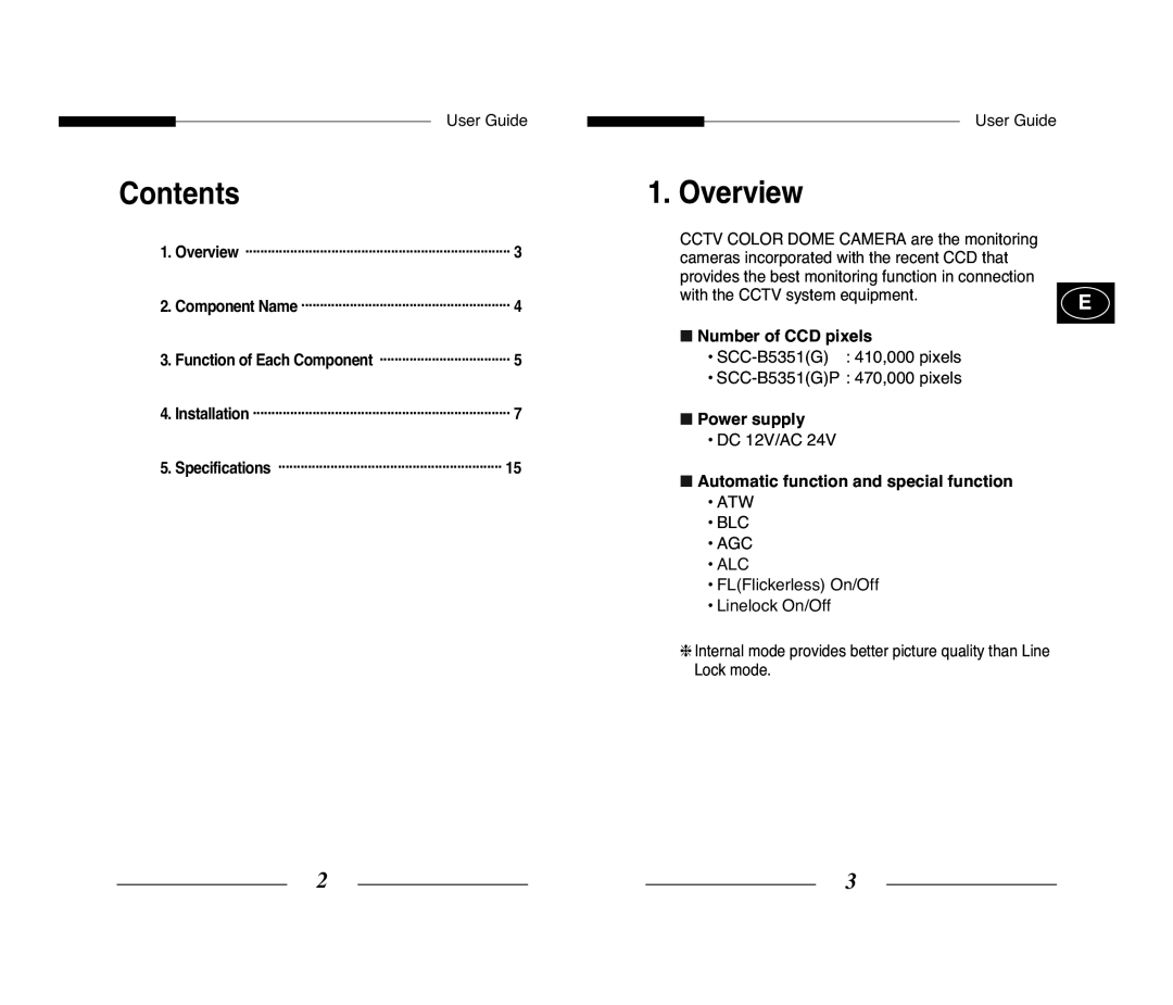 Samsung SCC-B5351P, SCC-B5351GP manual Overview, Number of CCD pixels, Power supply, Automatic function and special function 