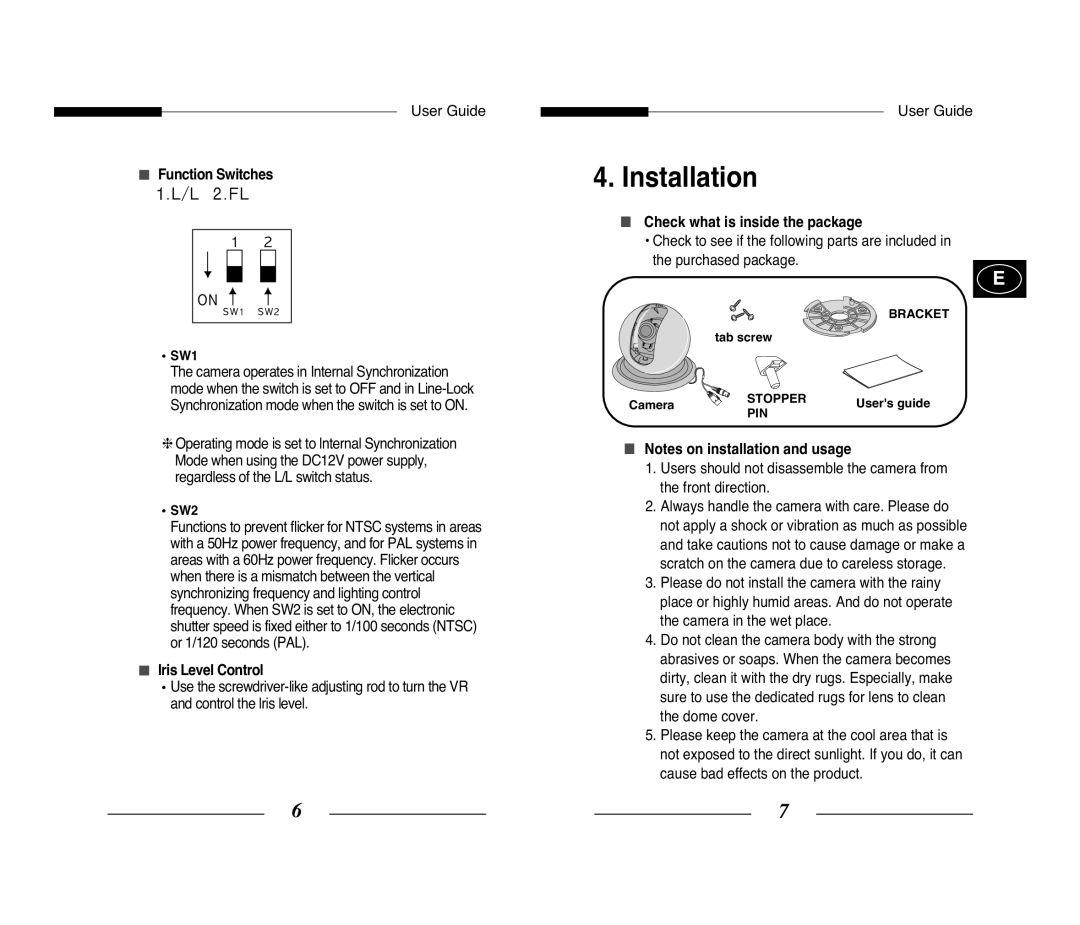 Samsung SCC-B5351P, SCC-B5351GP manual Installation, Function Switches, Iris Level Control, Check what is inside the package 