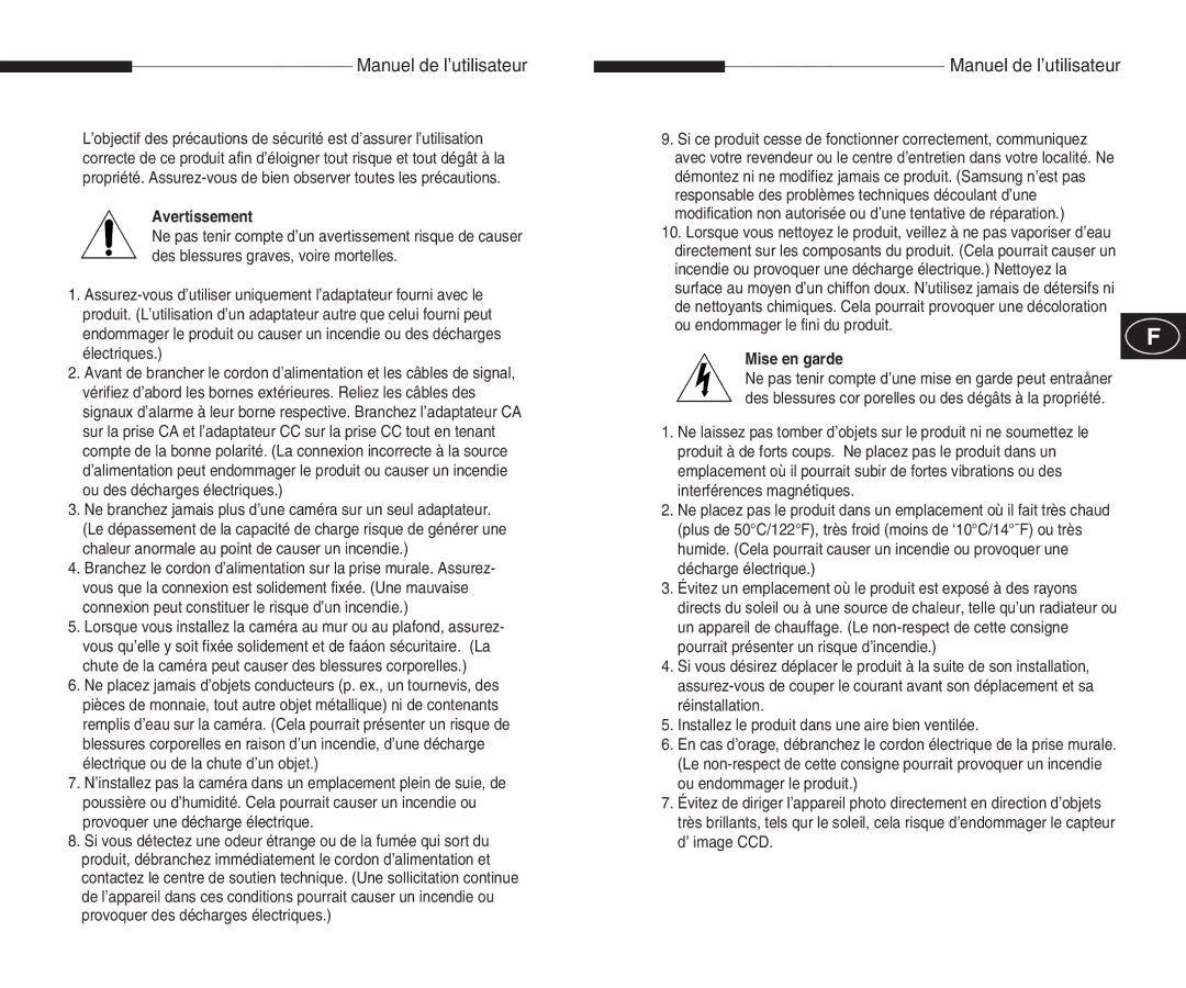 Samsung SCC-B5351(G)(P) manual Manuel de l’utilisateur, Avertissement, Mise en garde 