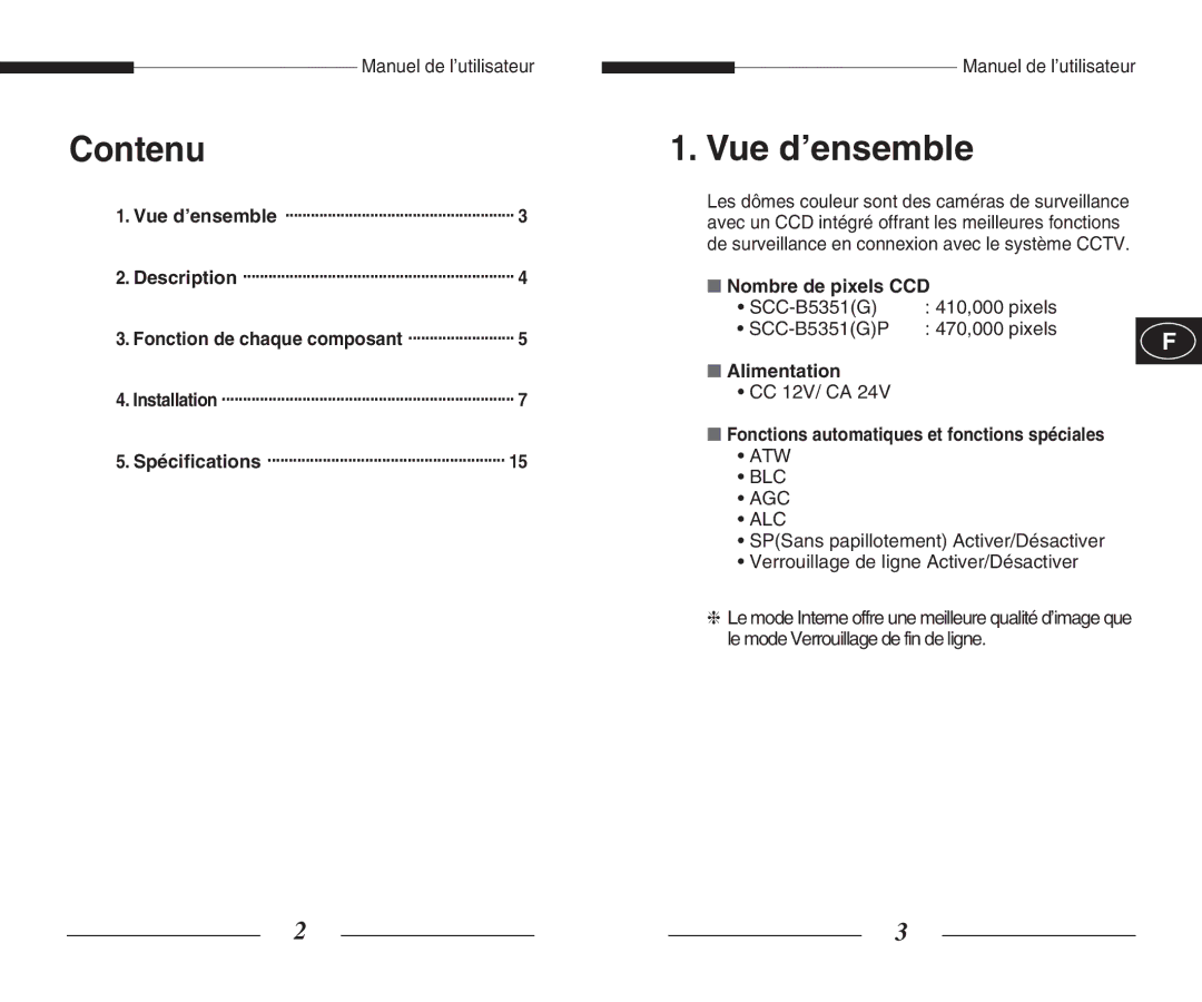 Samsung SCC-B5351(G)(P) manual Contenu, Vue d’ensemble, Nombre de pixels CCD, Alimentation 