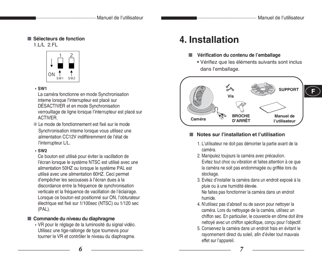 Samsung SCC-B5351(G)(P) manual Sélecteurs de fonction 1.L/L 2.FL, Commande du niveau du diaphragme, Vis Caméra 