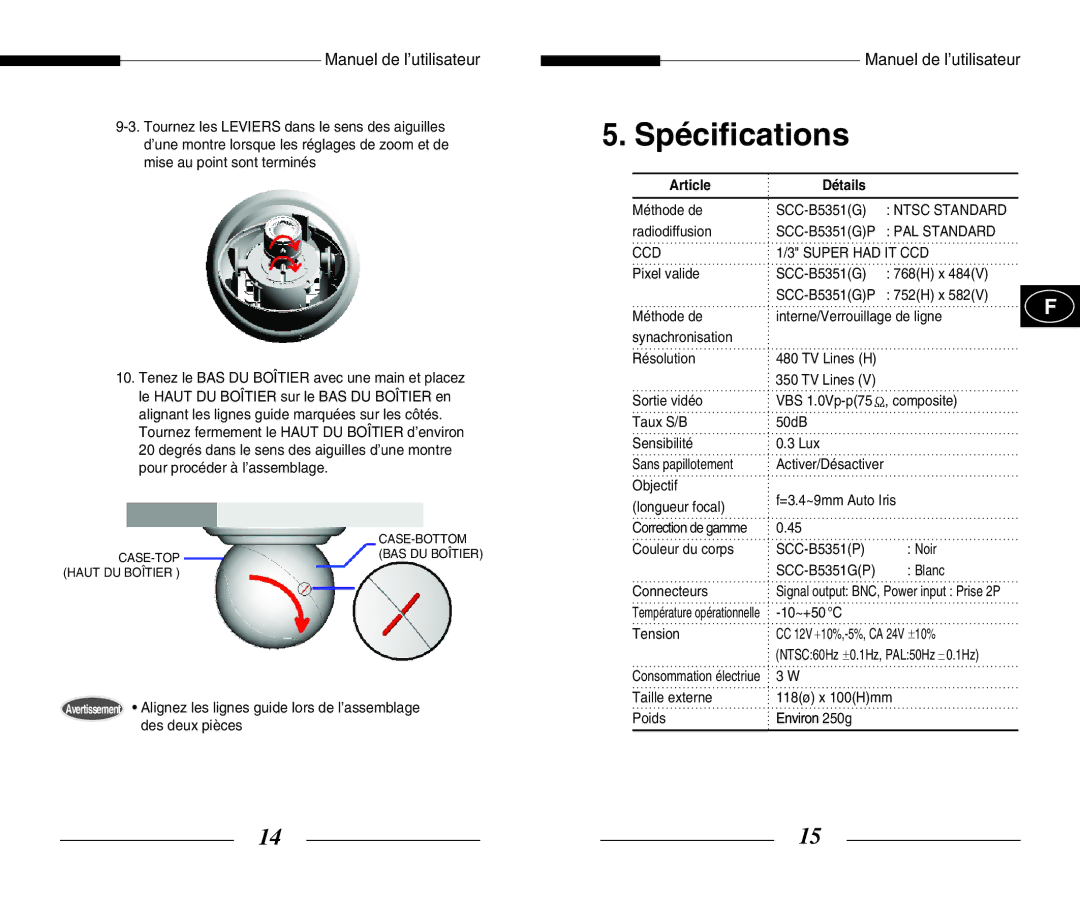 Samsung SCC-B5351(G)(P) manual Spécifications, Article Détails, Ntsc Standard, PAL Standard CCD Super had IT CCD 