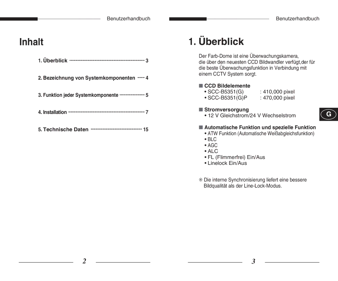 Samsung SCC-B5351(G)(P) Inhalt, Überblick, CCD Bildelemente, Stromversorgung, Automatische Funktion und spezielle Funktion 