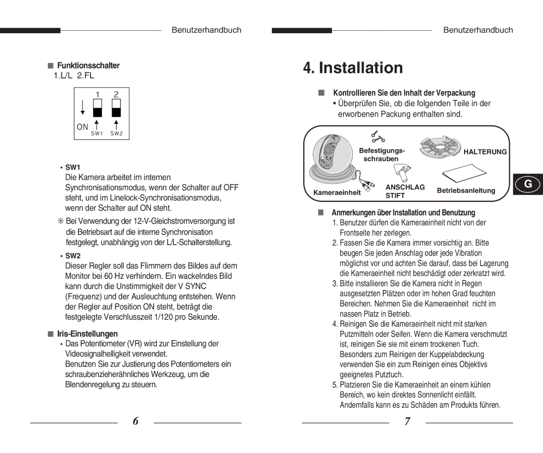 Samsung SCC-B5351(G)(P) manual Funktionsschalter, L 2.FL, Iris-Einstellungen, Kontrollieren Sie den Inhalt der Verpackung 