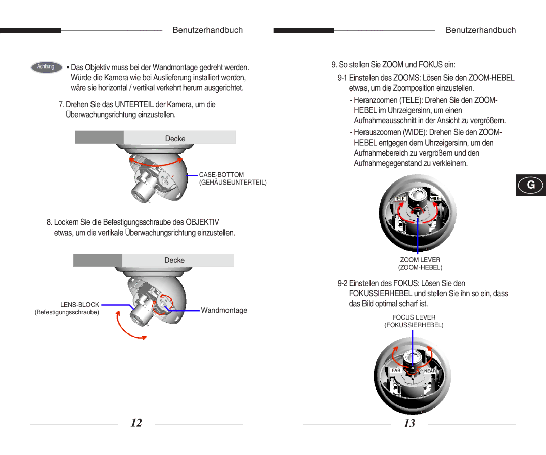 Samsung SCC-B5351(G)(P) manual So stellen Sie Zoom und Fokus ein, Benutzerhandbuch, Wandmontage 