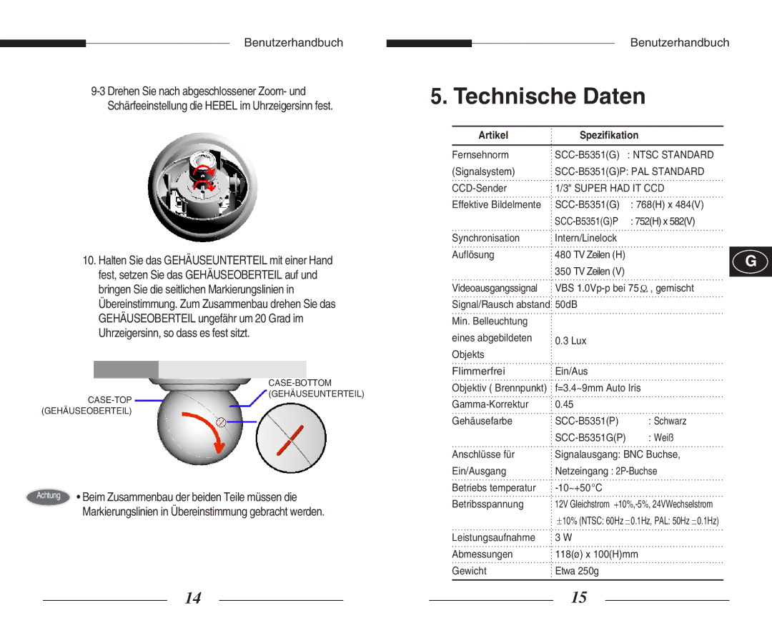 Samsung SCC-B5351(G)(P) manual Technische Daten, Artikel Spezifikation 