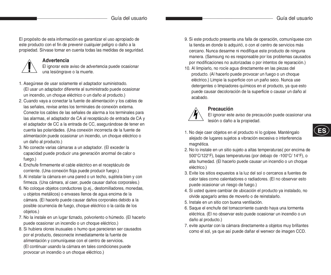 Samsung SCC-B5351(G)(P) manual Guía del usuario, Advertencia, Precaución 