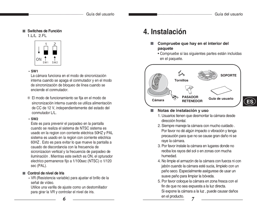 Samsung SCC-B5351(G)(P) manual Instalación, Switches de Función, Control de nivel de Iris, Notas de instalación y uso 