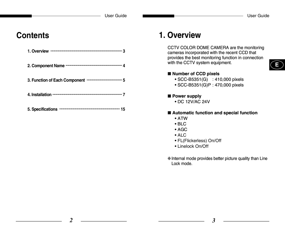 Samsung SCC-B5351(G)(P) manual Overview, Number of CCD pixels, Power supply, Automatic function and special function 