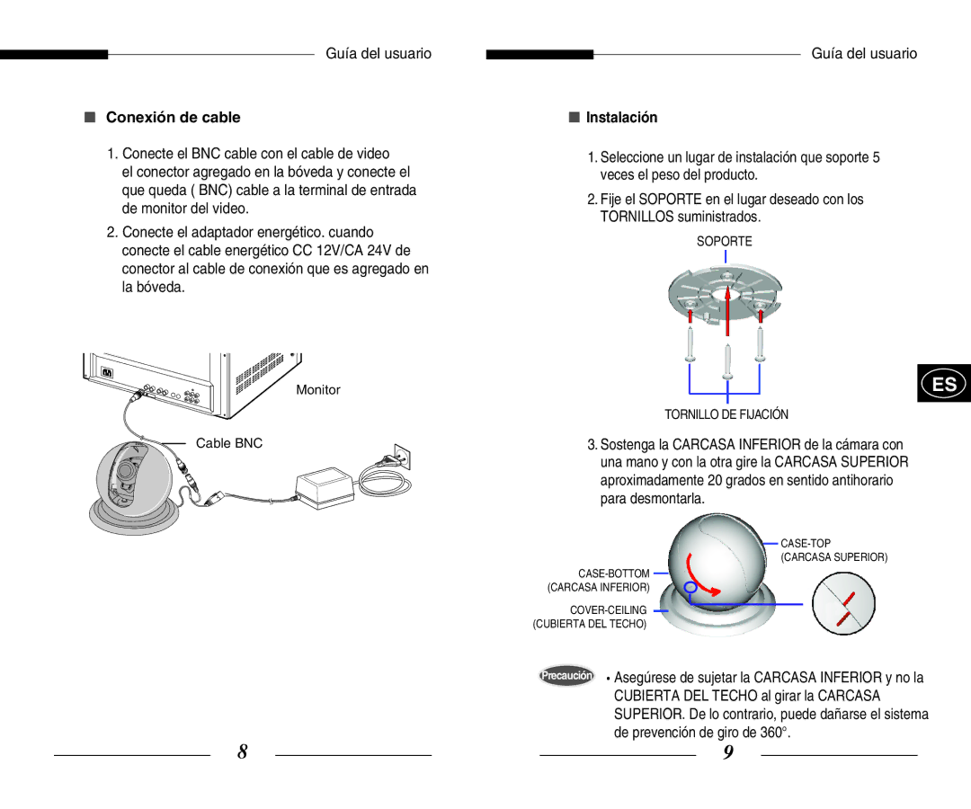 Samsung SCC-B5351(G)(P) manual Conexión de cable, Instalación, Monitor Cable BNC, Soporte Tornillo DE Fijación 