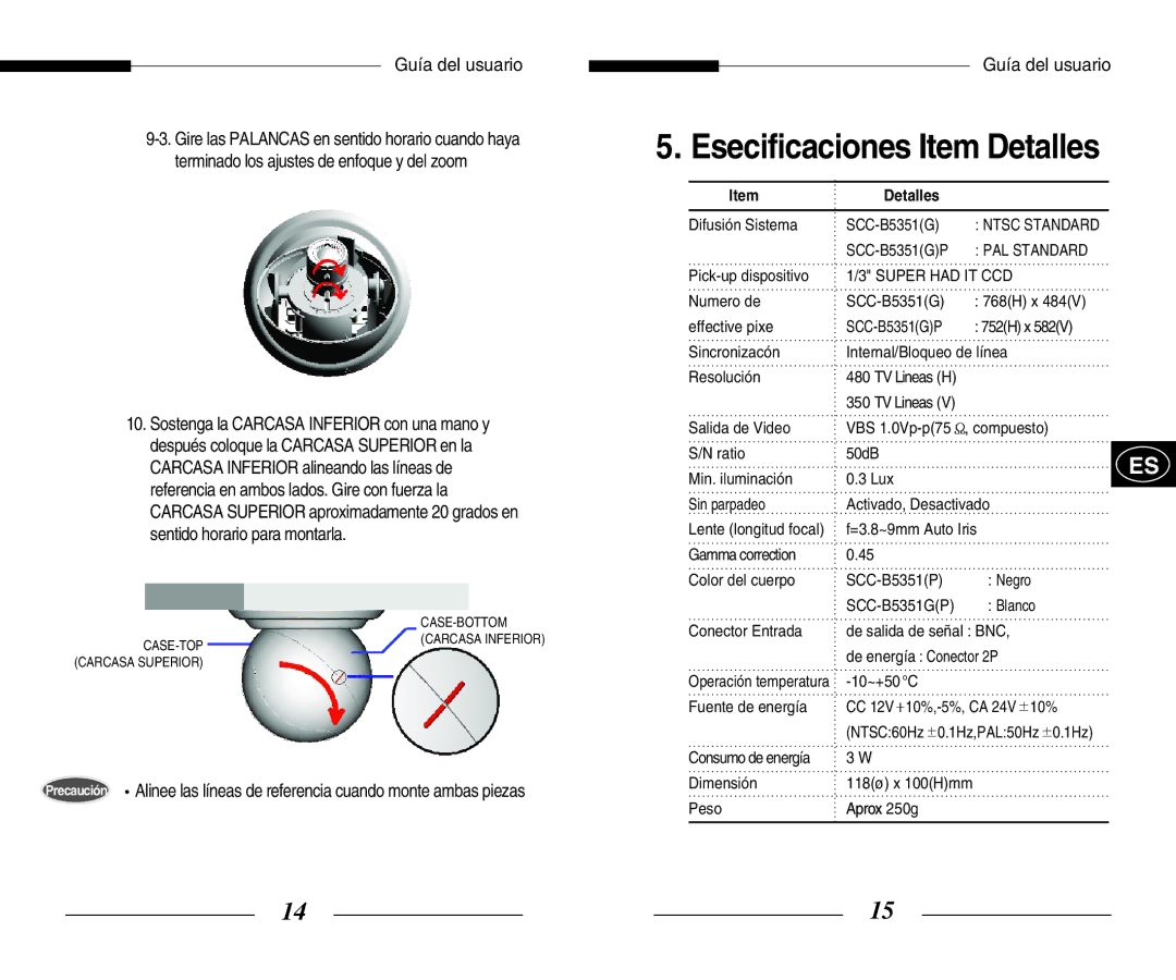 Samsung SCC-B5351(G)(P) manual Esecificaciones Item Detalles, PAL Standard 