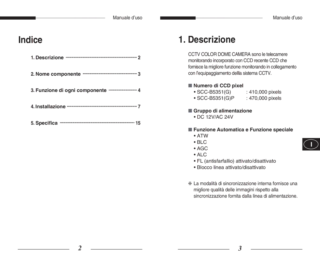 Samsung SCC-B5351(G)(P) manual Indice, Descrizione, Numero di CCD pixel, Gruppo di alimentazione 