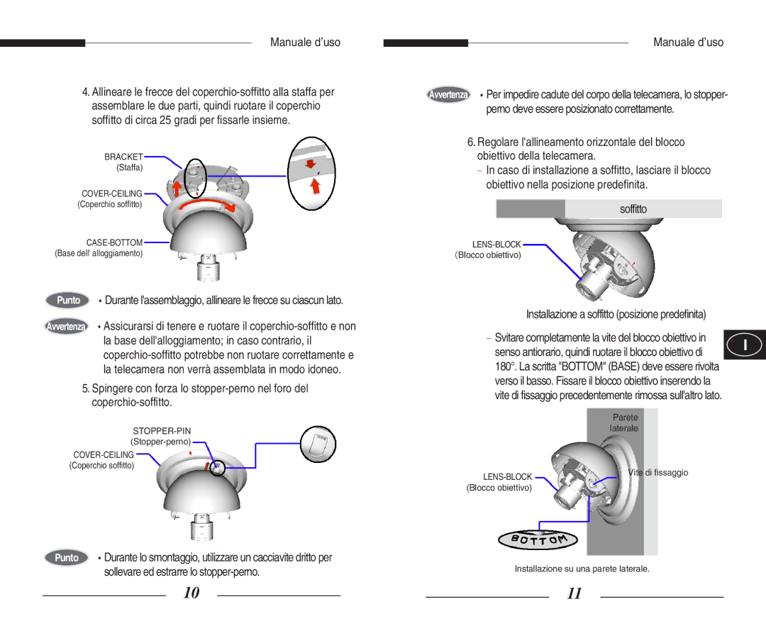 Samsung SCC-B5351(G)(P) manual Soffitto, Svitare completamente la vite del blocco obiettivo 