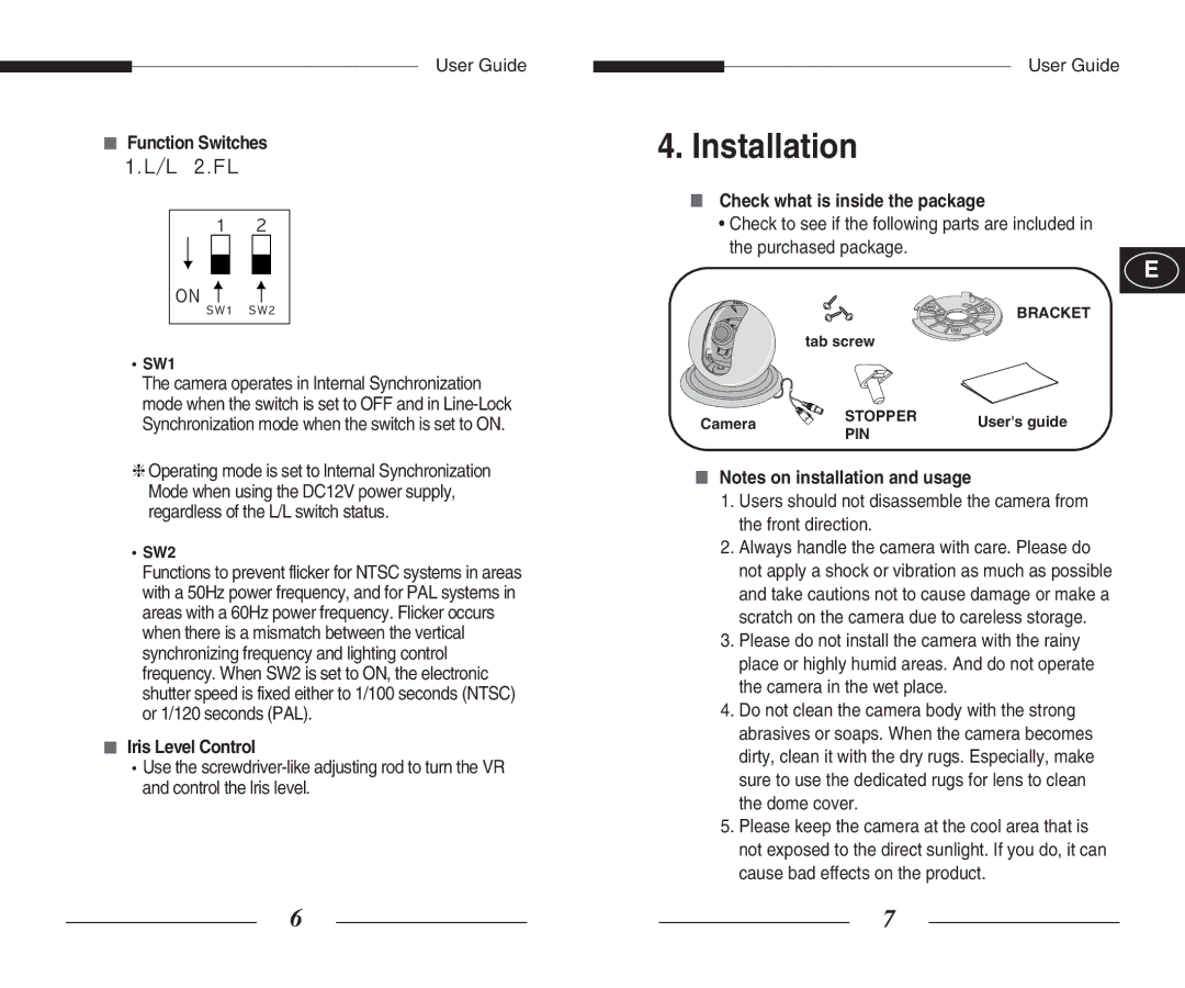 Samsung SCC-B5351(G)(P) manual Installation, Function Switches, Iris Level Control, Check what is inside the package 