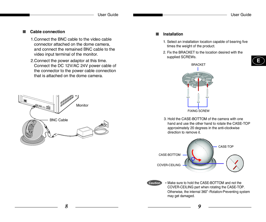 Samsung SCC-B5351(G)(P) manual Cable connection, Installation, Monitor BNC Cable 