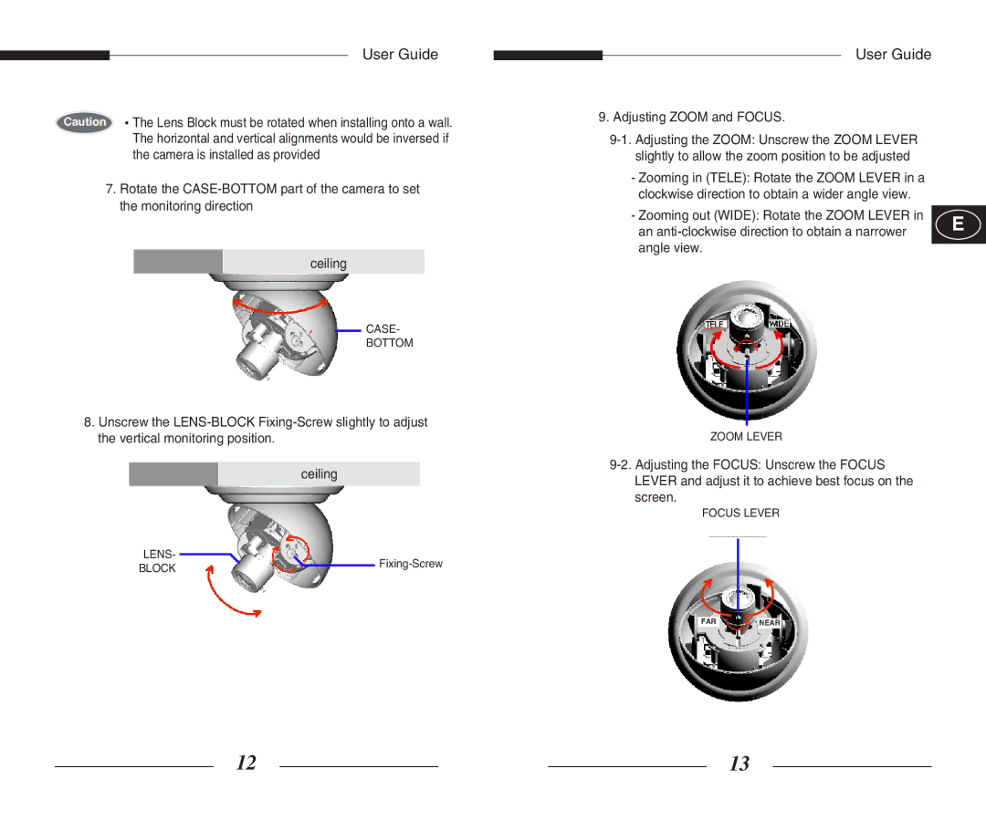 Samsung SCC-B5351(G)(P) manual Adjusting Zoom and Focus, An anti-clockwise direction to obtain a narrower, Angle view 