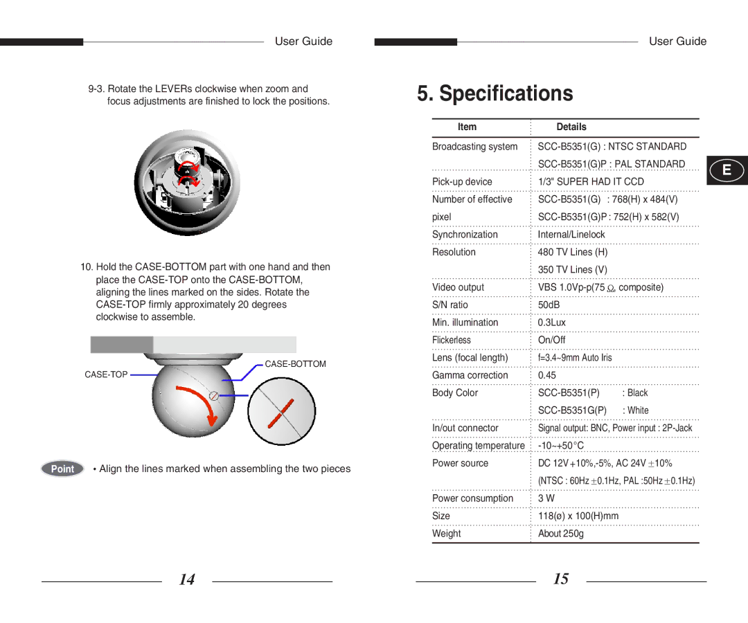 Samsung SCC-B5351(G)(P) manual Specifications, Details, SCC-B5351G Ntsc Standard SCC-B5351GP PAL Standard, Super had IT CCD 