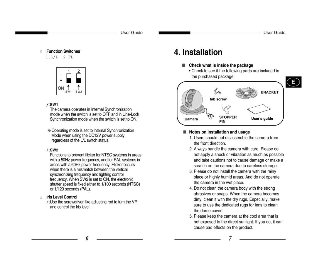 Samsung SCC-B5351GP manual Installation, § Function Switches, § Iris Level Control, Check what is inside the package 