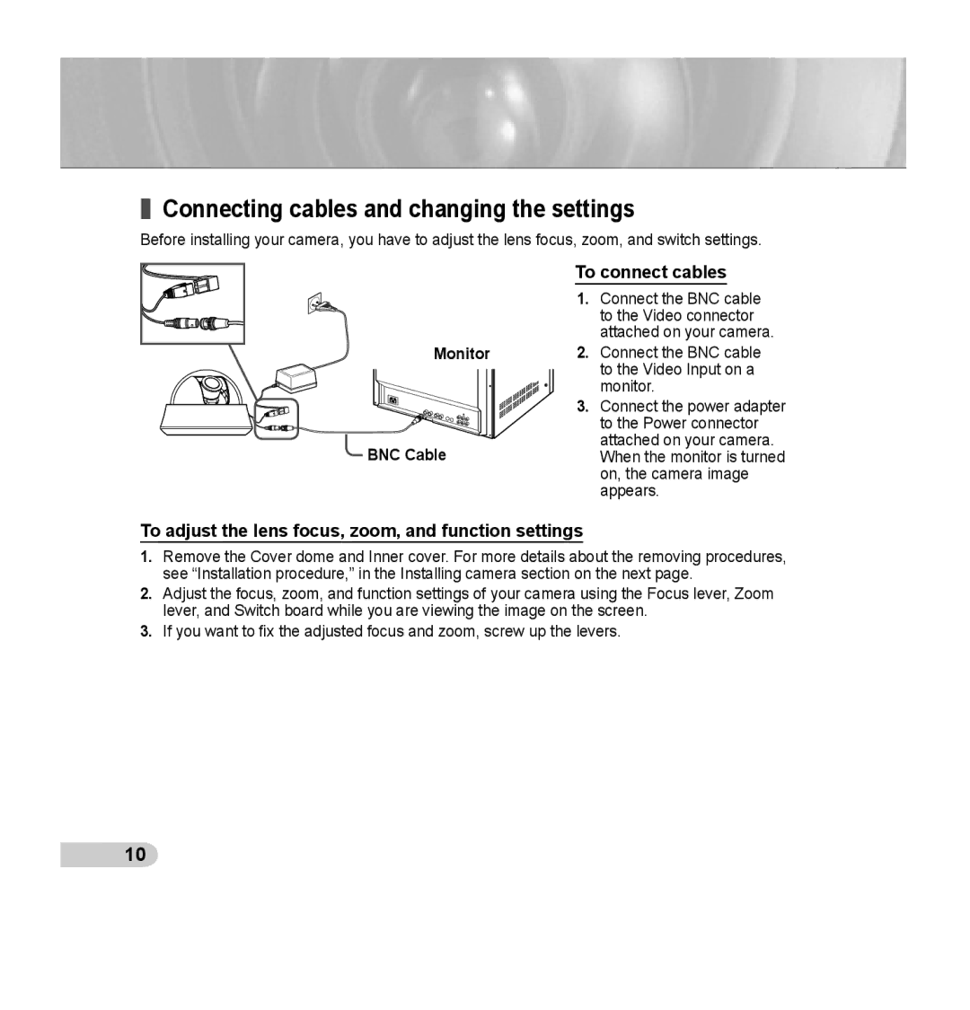 Samsung SCC-B5352SP, SCC-B5352P, SCC-B5353P, SCC-B5353SP manual Connecting cables and changing the settings, To connect cables 