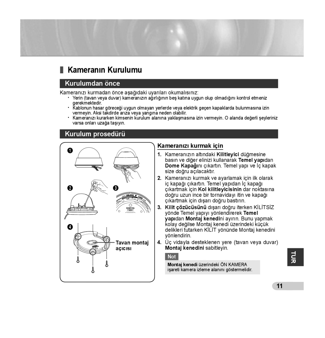 Samsung SCC-B5353P Kameranın Kurulumu, Kurulumdan önce, Kurulum prosedürü, Kameranızı kurmak için, Tavan montaj açıcısı 