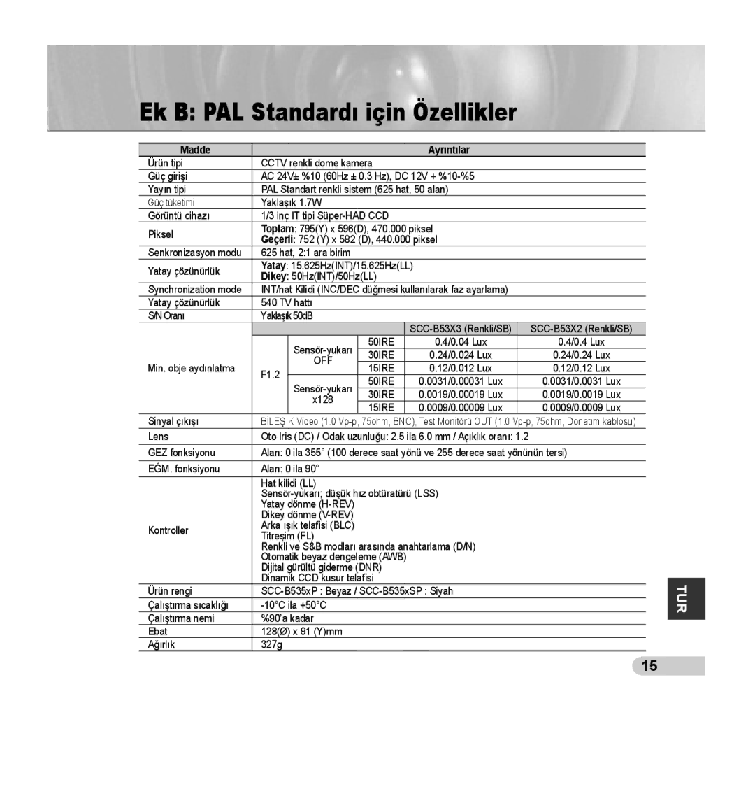 Samsung SCC-B5353P, SCC-B5352P, SCC-B5352SP, SCC-B5353SP manual Ek B PAL Standardı için Özellikler, Madde Ayrıntılar 