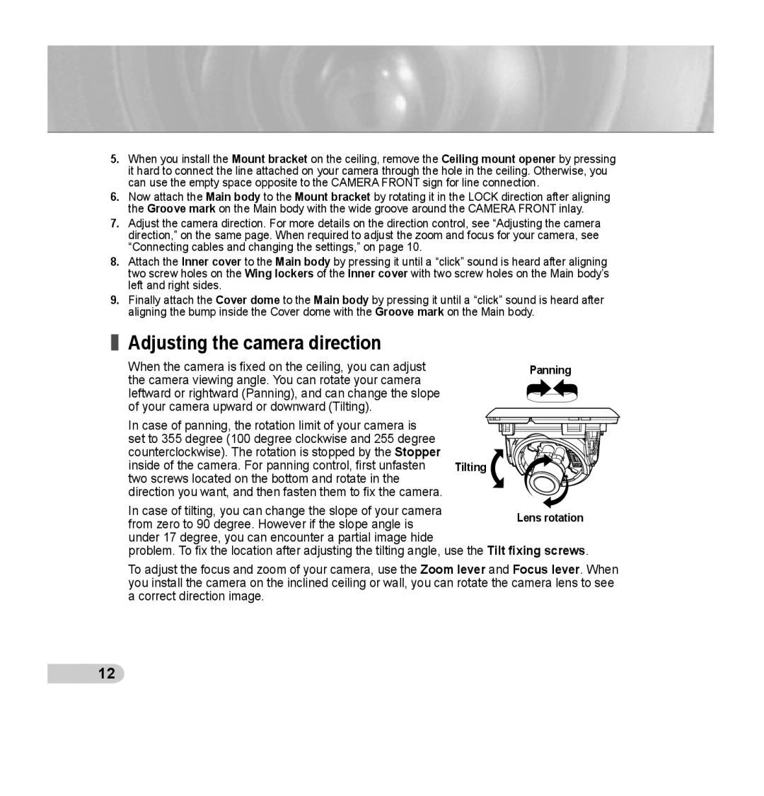 Samsung SCC-B5352P, SCC-B5353P, SCC-B5352SP, SCC-B5353SP manual Adjusting the camera direction, Tilting 