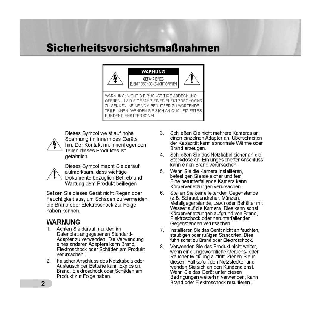 Samsung SCC-B5352P, SCC-B5353P, SCC-B5352SP, SCC-B5353SP manual Sicherheitsvorsichtsmaßnahmen, Warnung 