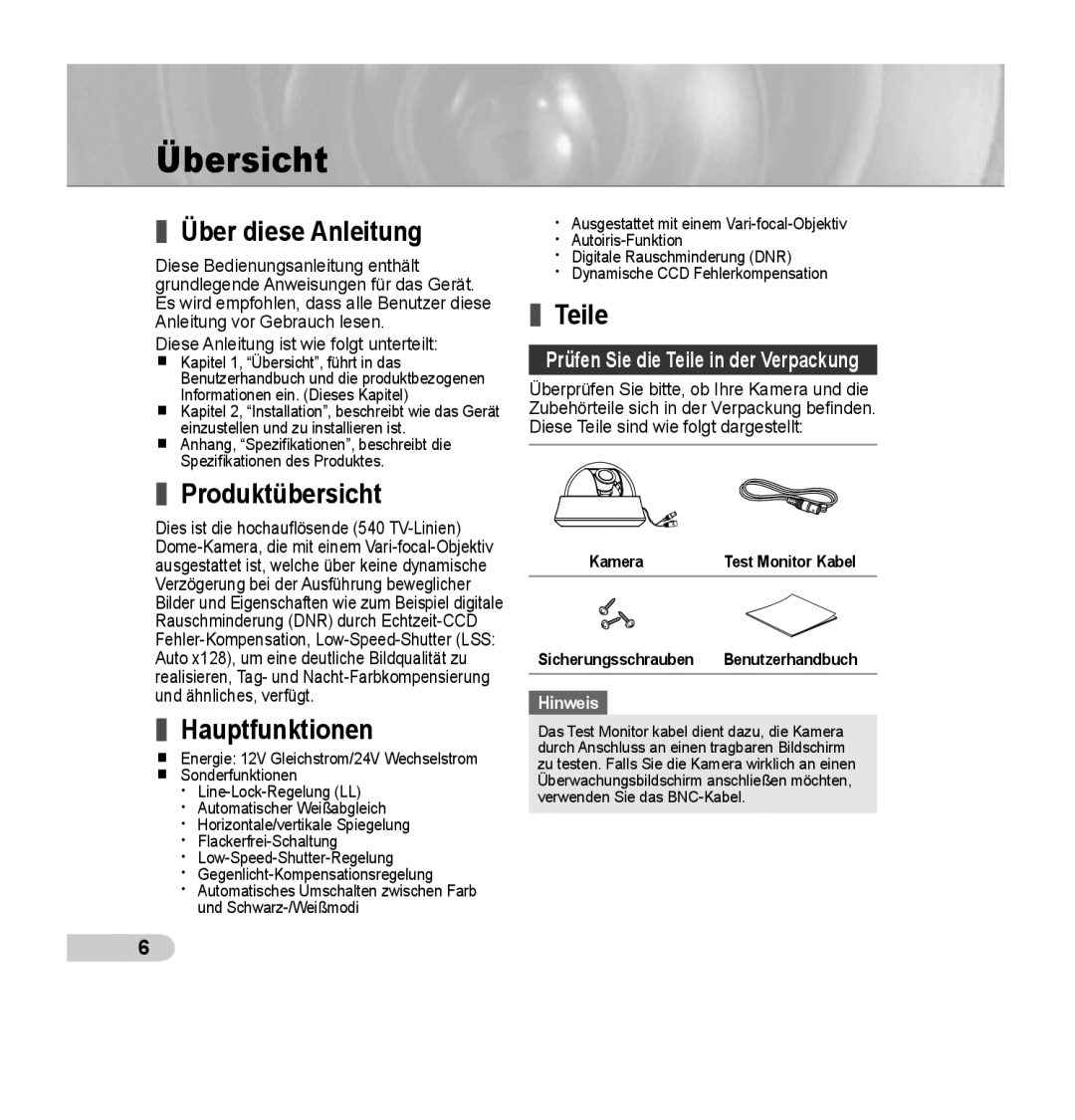 Samsung SCC-B5352P, SCC-B5353P, SCC-B5352SP manual Übersicht, Über diese Anleitung, Produktübersicht, Hauptfunktionen, Teile 